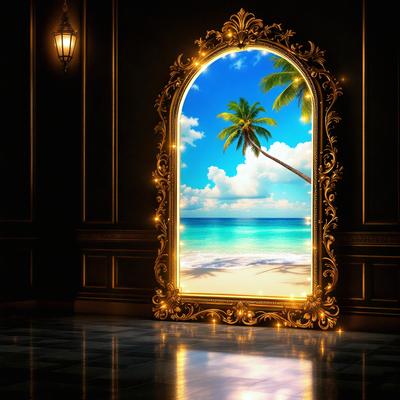 The primary subject of the image is a large, ornate mirror with a tropical beach scene painted on it. The mirror is placed on a shiny floor, which adds to the overall visual style of the image. The setting is a room with a backdrop of a wall, and the colors and mood of the image are predominantly blue and tropical, creating a relaxing and inviting atmosphere.